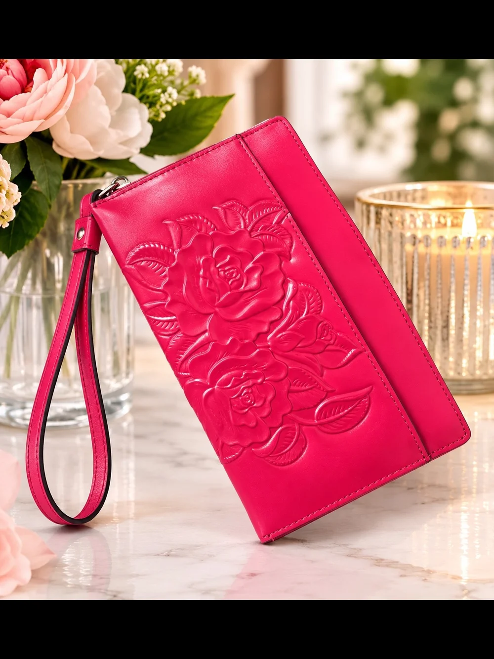 Patricia Nash Hot Pink Embossed Rose Wristlet Strawberry